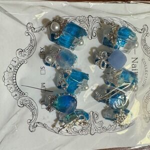 Press On Nails Blue‎ Gem Pearl Accent Glue On False Nail Set